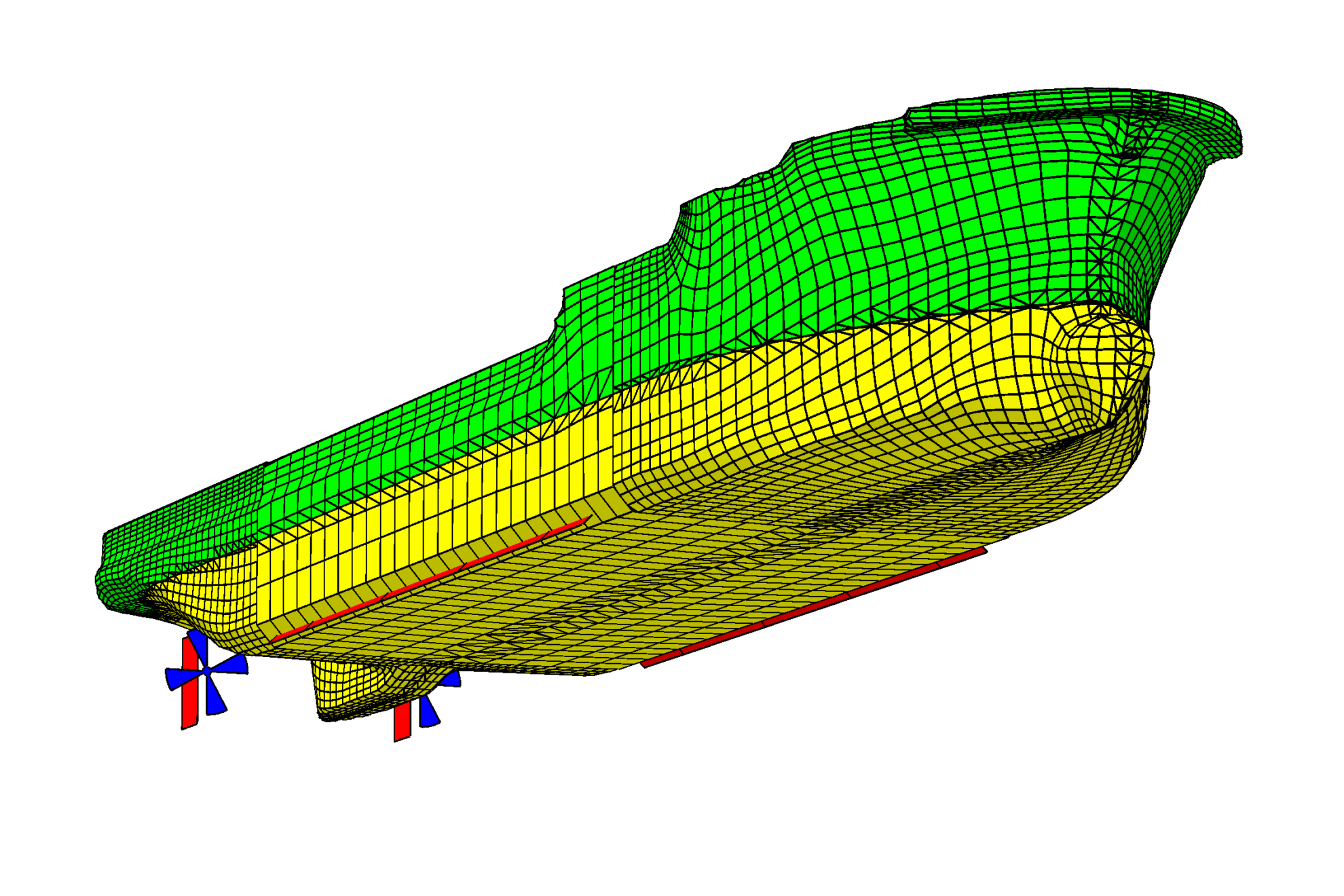 Offshore supply vessel model in the ProteusDS ShipMo3D toolset, developed from laser-scanning data and incorporating bilge keels. The model provides a basis for predicting vessel motions and evaluating the expected benefit of proposed stabilization systems.